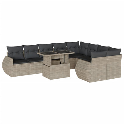 10-tlg. Garten-Sofagarnitur mit Kissen Hellgrau Poly Rattan