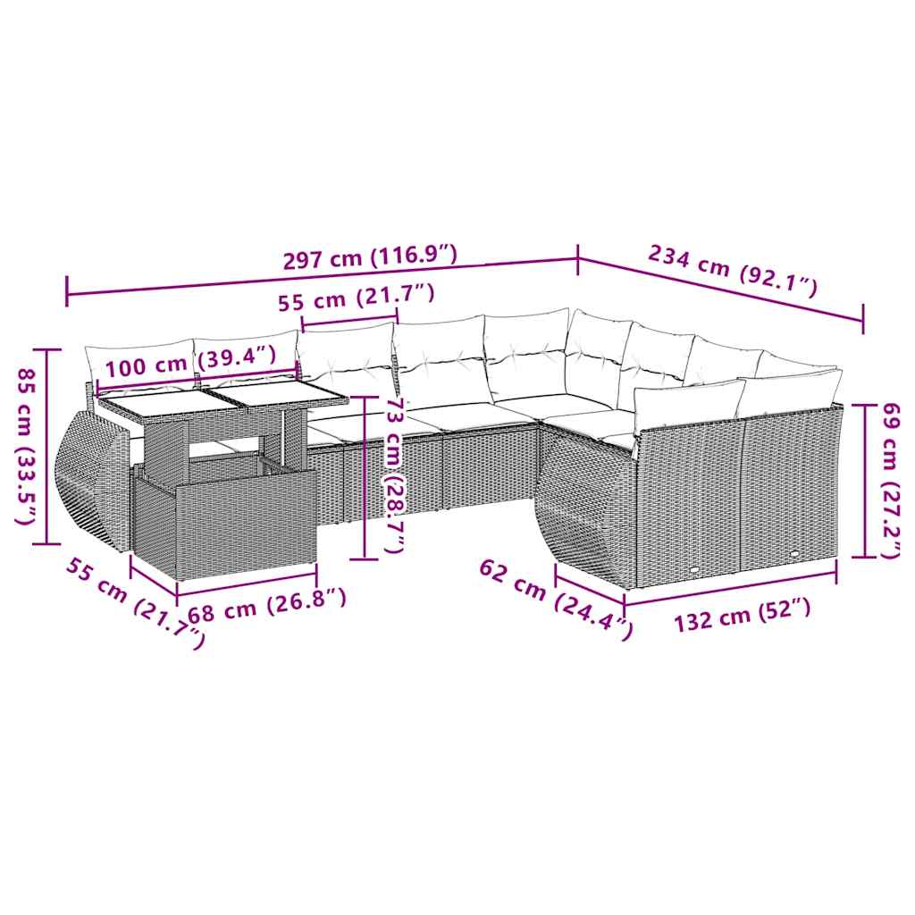 10-tlg. Garten-Sofagarnitur mit Kissen Schwarz Poly Rattan