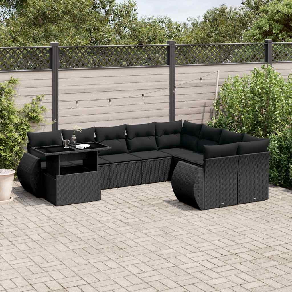 10-tlg. Garten-Sofagarnitur mit Kissen Schwarz Poly Rattan