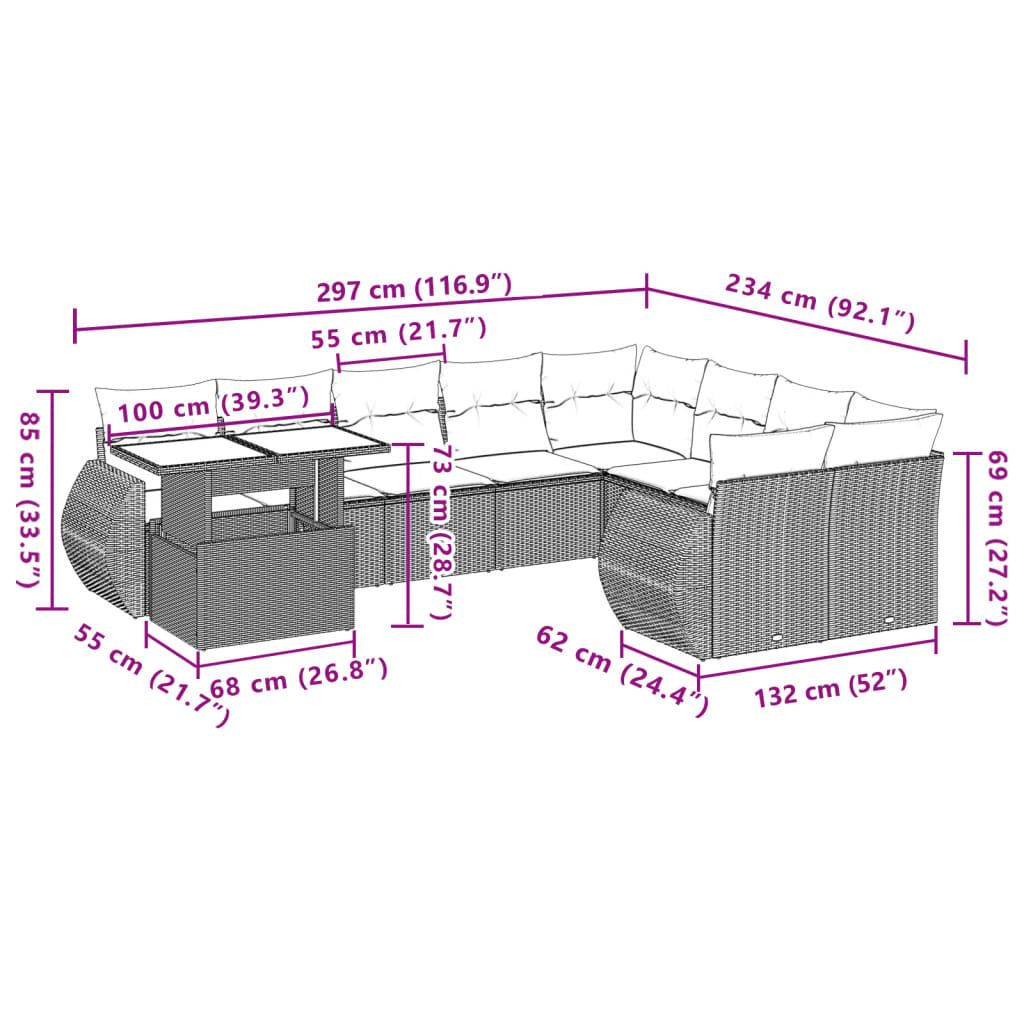 10-tlg. Garten-Sofagarnitur mit Kissen Hellgrau Poly Rattan