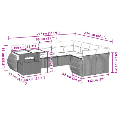 10-tlg. Garten-Sofagarnitur mit Kissen Hellgrau Poly Rattan