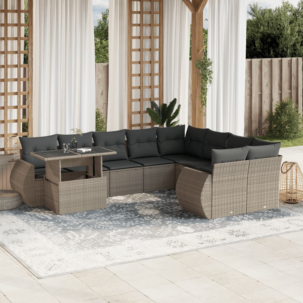 10-tlg. Garten-Sofagarnitur mit Kissen Hellgrau Poly Rattan