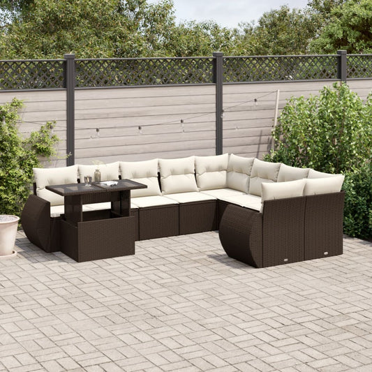 10-tlg. Garten-Sofagarnitur mit Kissen Braun Poly Rattan