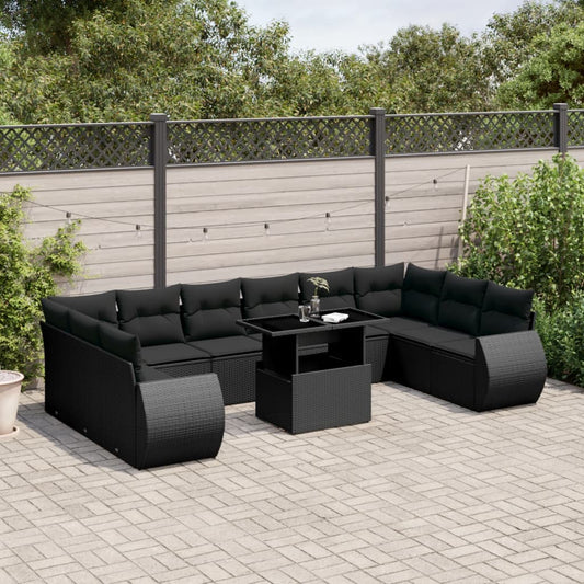 11-tlg. Garten-Sofagarnitur mit Kissen Schwarz Poly Rattan