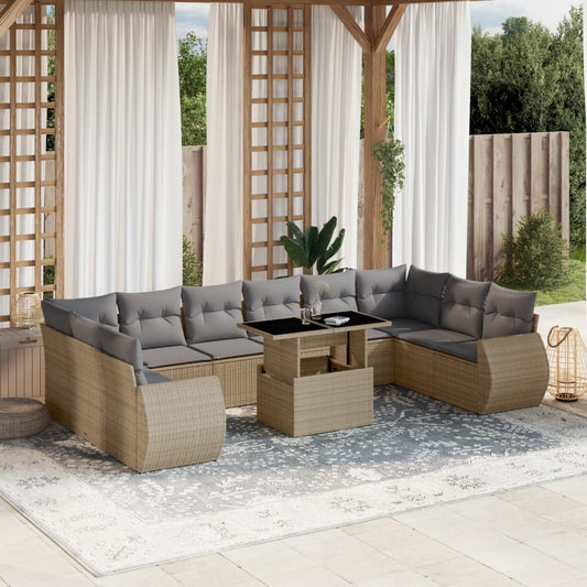 11-tlg. Garten-Sofagarnitur mit Kissen Beige Poly Rattan