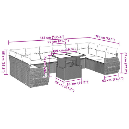 11-tlg. Garten-Sofagarnitur mit Kissen Grau Poly Rattan