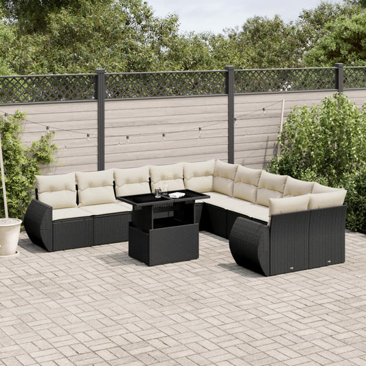 11-tlg. Garten-Sofagarnitur mit Kissen Schwarz Poly Rattan