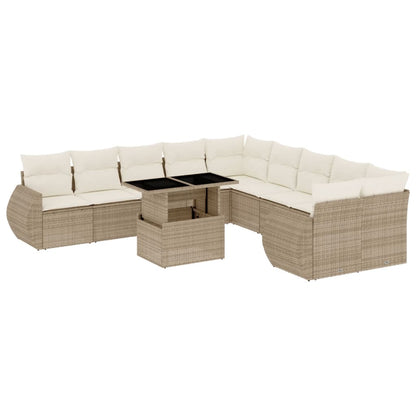 11-tlg. Garten-Sofagarnitur mit Kissen Beige Poly Rattan