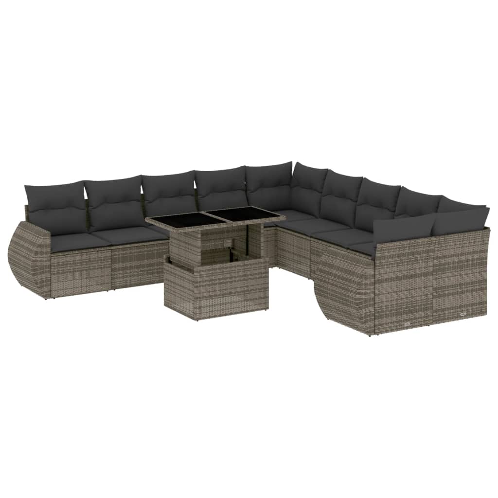 11-tlg. Garten-Sofagarnitur mit Kissen Grau Poly Rattan