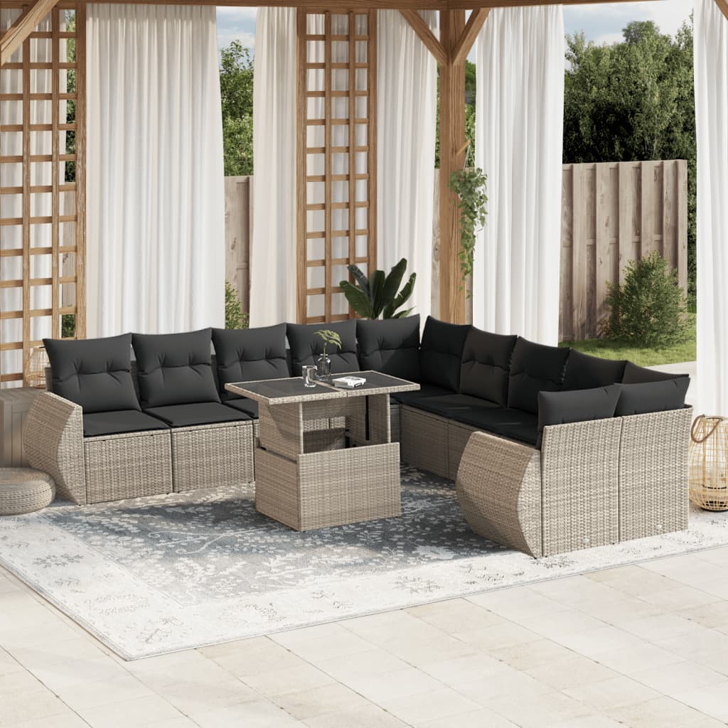 11-tlg. Garten-Sofagarnitur mit Kissen Hellgrau Poly Rattan