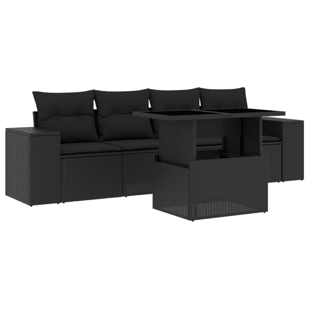 5-tlg. Garten-Sofagarnitur mit Kissen Schwarz Poly Rattan