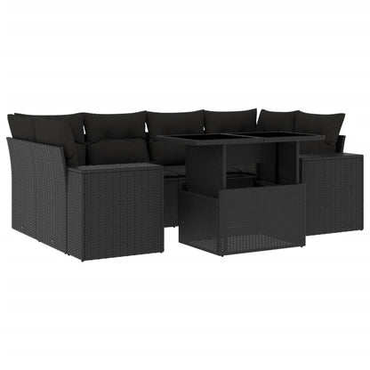 7-tlg. Garten-Sofagarnitur mit Kissen Schwarz Poly Rattan