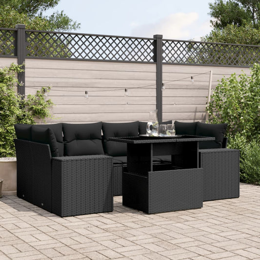 7-tlg. Garten-Sofagarnitur mit Kissen Schwarz Poly Rattan