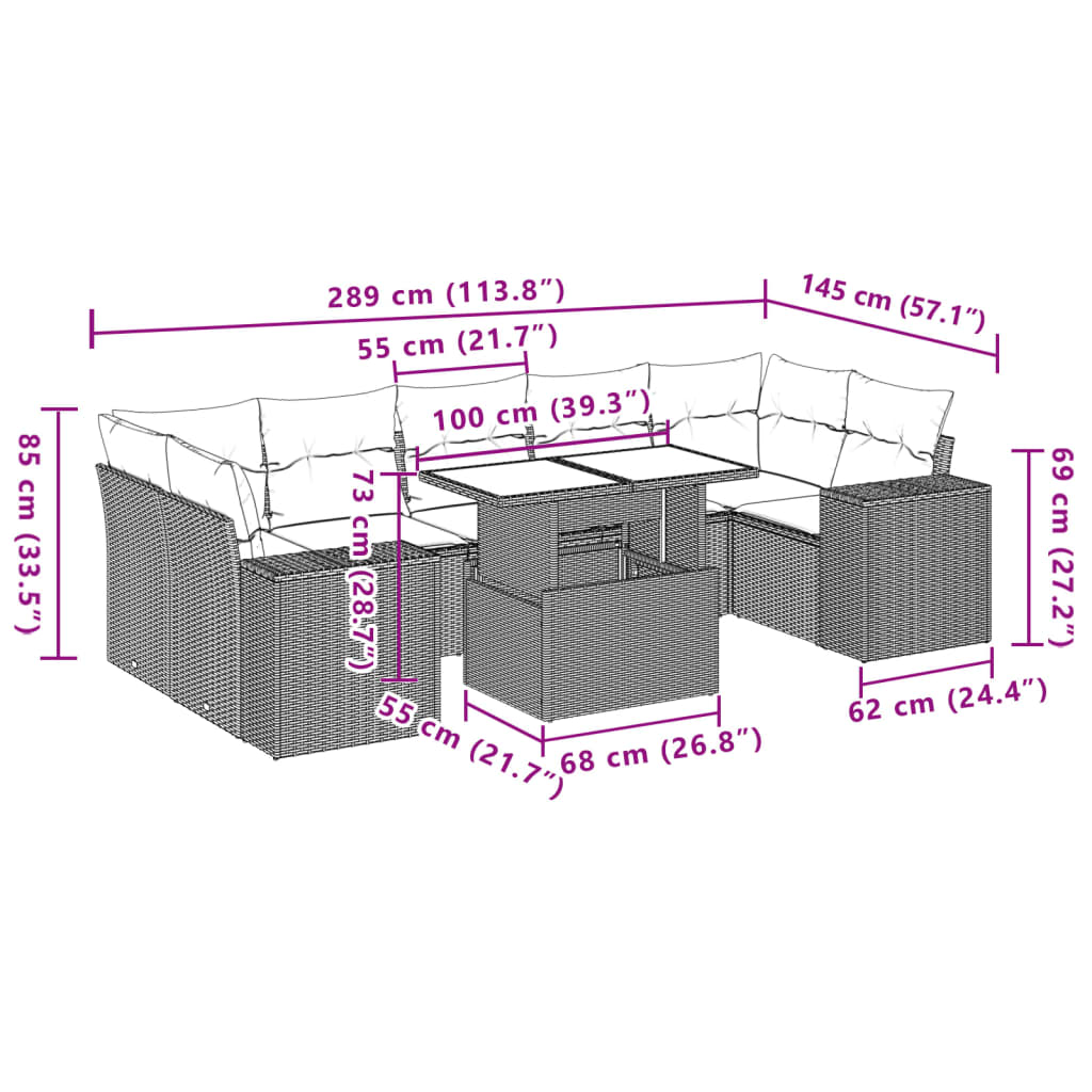 8-tlg. Garten-Sofagarnitur mit Kissen Schwarz Poly Rattan