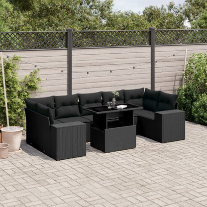 8-tlg. Garten-Sofagarnitur mit Kissen Schwarz Poly Rattan