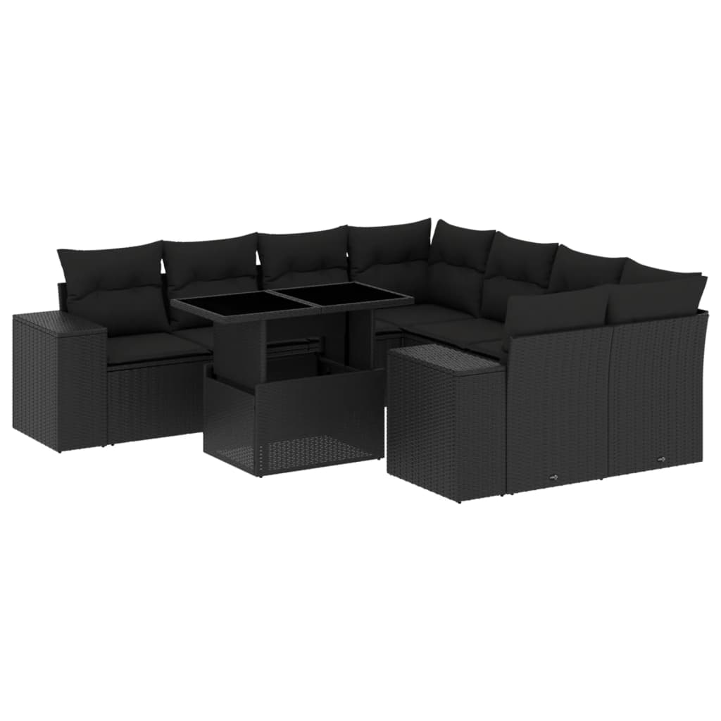 9-tlg. Garten-Sofagarnitur mit Kissen Schwarz Poly Rattan