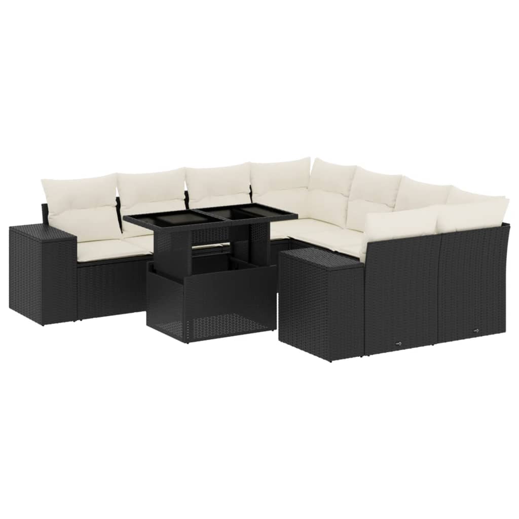 9-tlg. Garten-Sofagarnitur mit Kissen Schwarz Poly Rattan