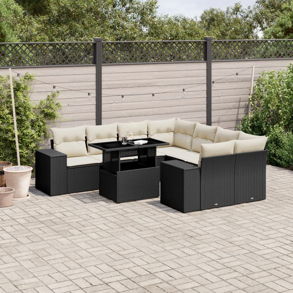 9-tlg. Garten-Sofagarnitur mit Kissen Schwarz Poly Rattan