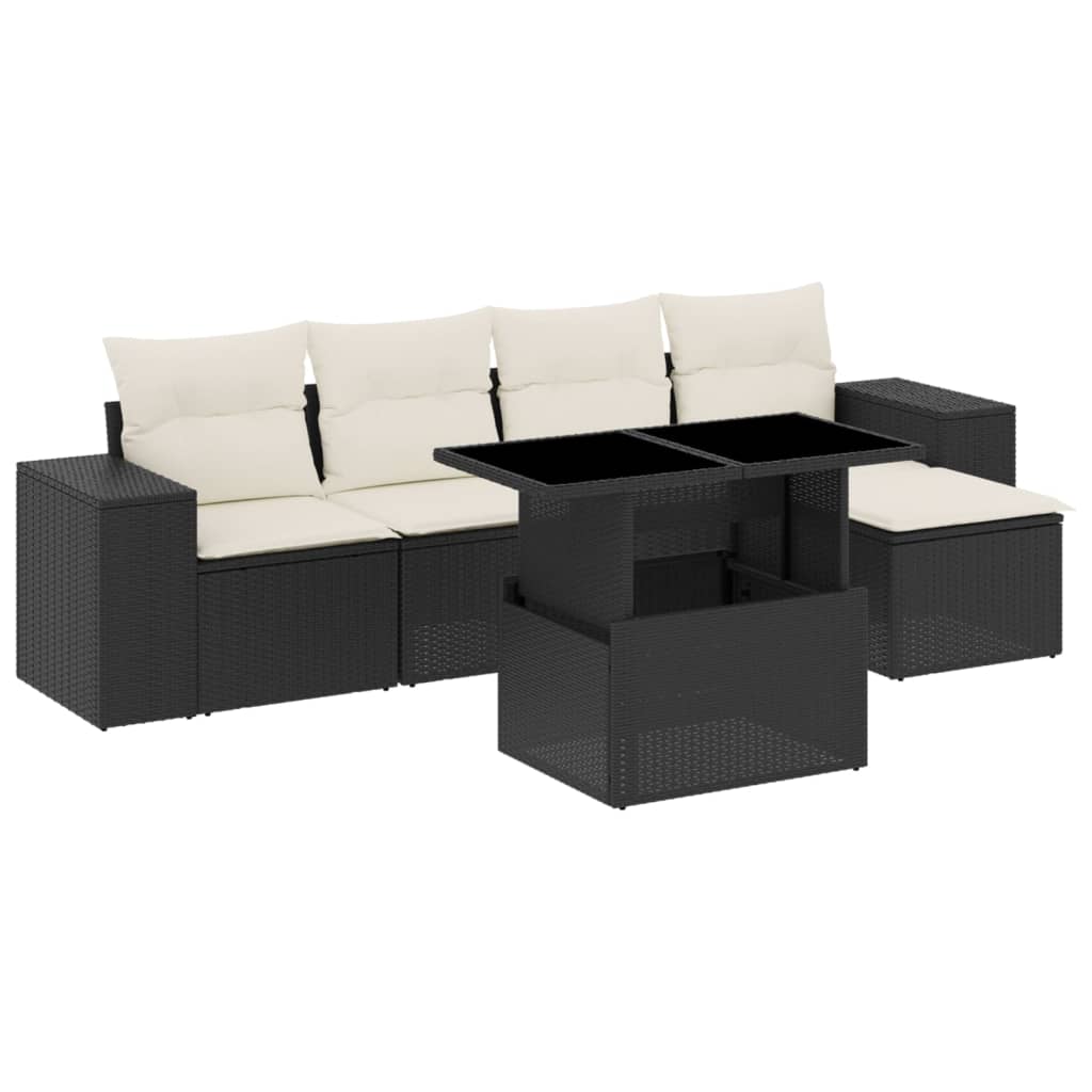 6-tlg. Garten-Sofagarnitur mit Kissen Schwarz Poly Rattan