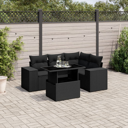 5-tlg. Garten-Sofagarnitur mit Kissen Schwarz Poly Rattan