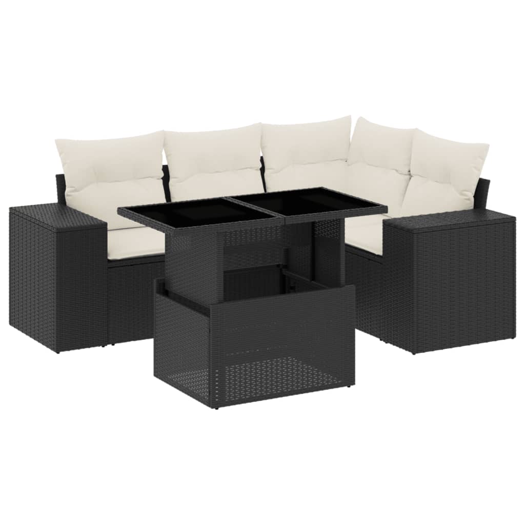 5-tlg. Garten-Sofagarnitur mit Kissen Schwarz Poly Rattan