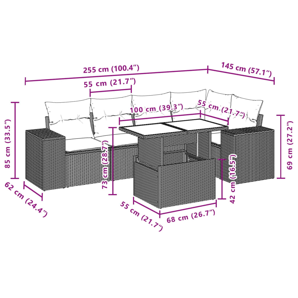 6-tlg. Garten-Sofagarnitur mit Kissen Schwarz Poly Rattan