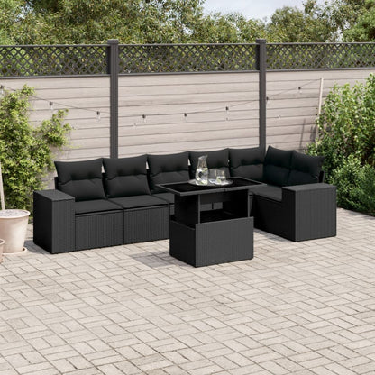 7-tlg. Garten-Sofagarnitur mit Kissen Schwarz Poly Rattan