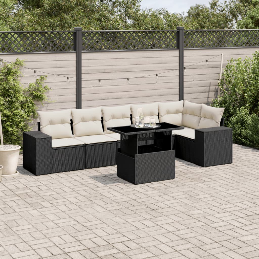 7-tlg. Garten-Sofagarnitur mit Kissen Schwarz Poly Rattan