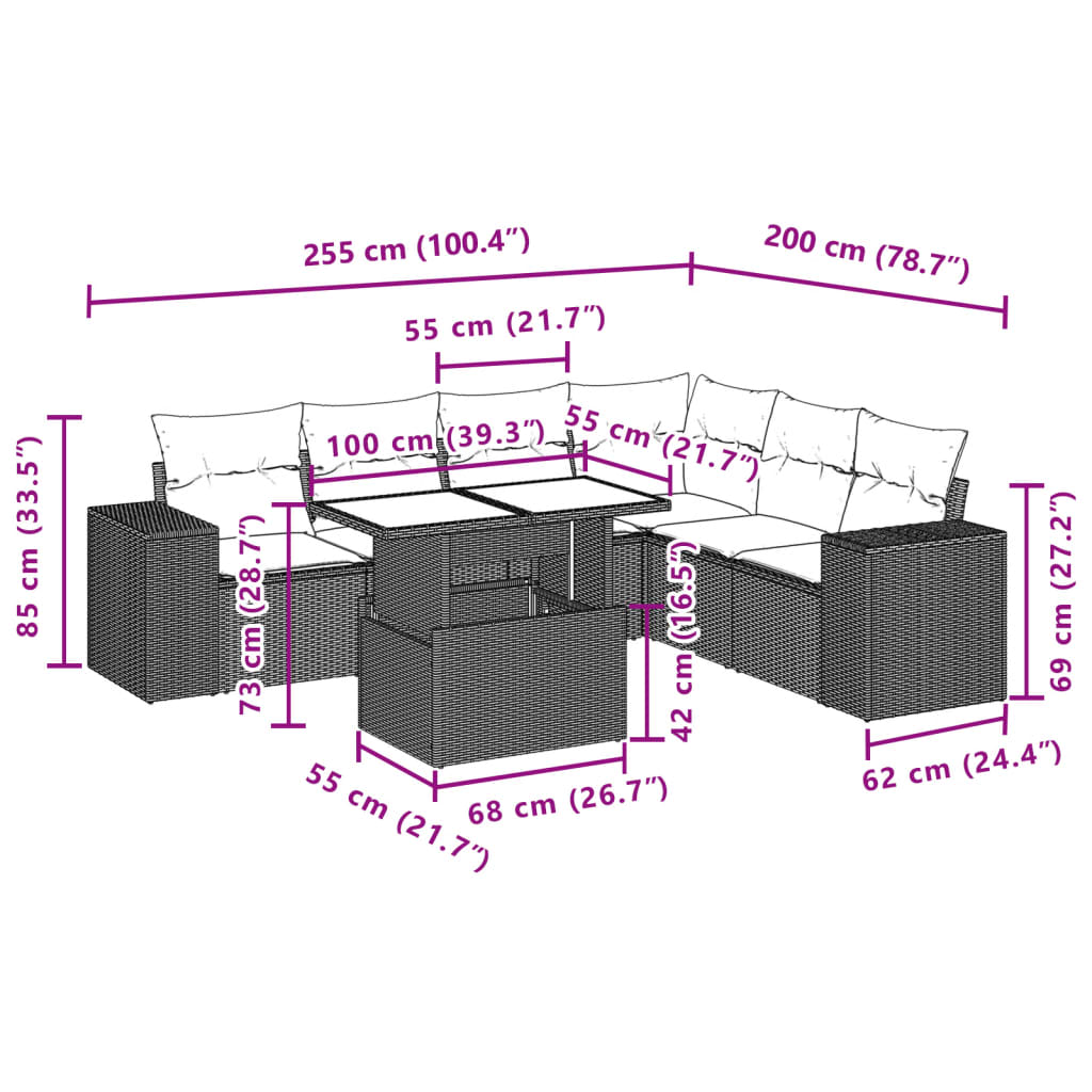 7-tlg. Garten-Sofagarnitur mit Kissen Schwarz Poly Rattan