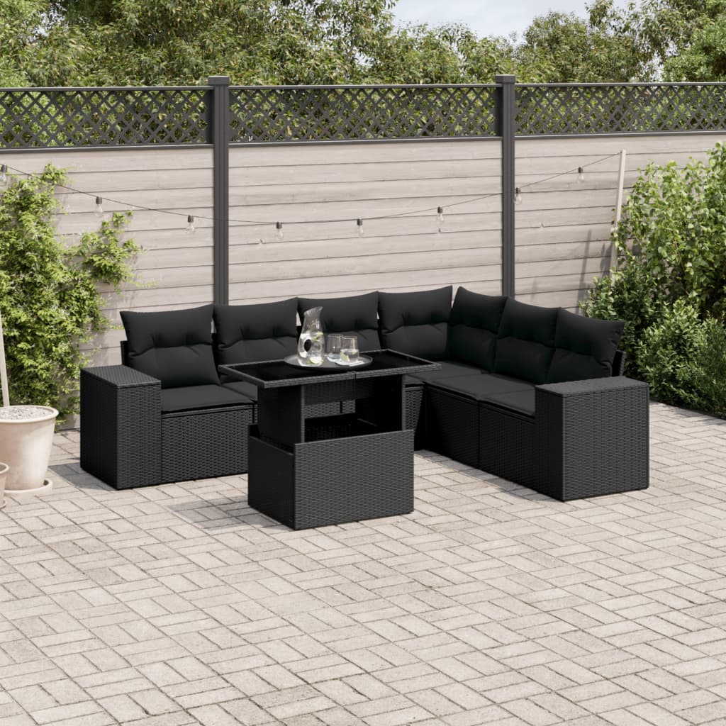 7-tlg. Garten-Sofagarnitur mit Kissen Schwarz Poly Rattan