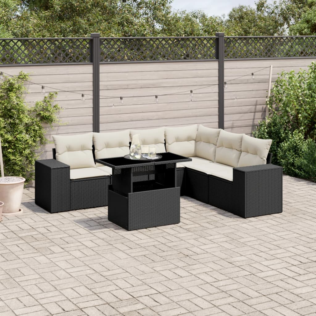 7-tlg. Garten-Sofagarnitur mit Kissen Schwarz Poly Rattan