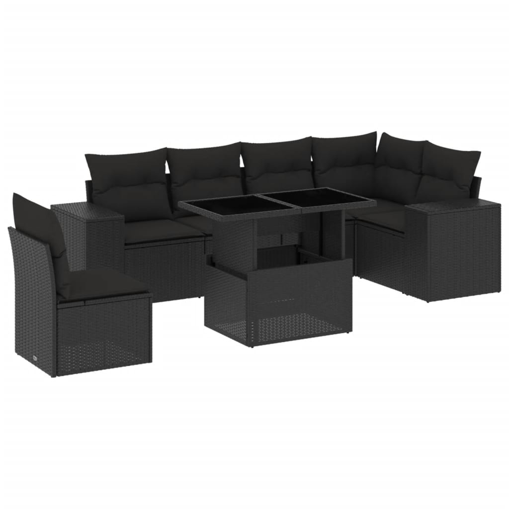 7-tlg. Garten-Sofagarnitur mit Kissen Schwarz Poly Rattan