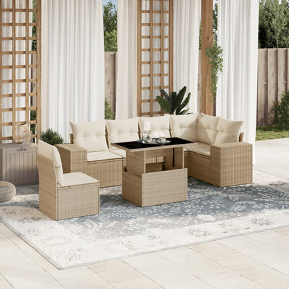 7-tlg. Garten-Sofagarnitur mit Kissen Beige Poly Rattan