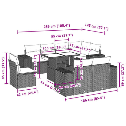 9-tlg. Garten-Sofagarnitur mit Kissen Schwarz Poly Rattan