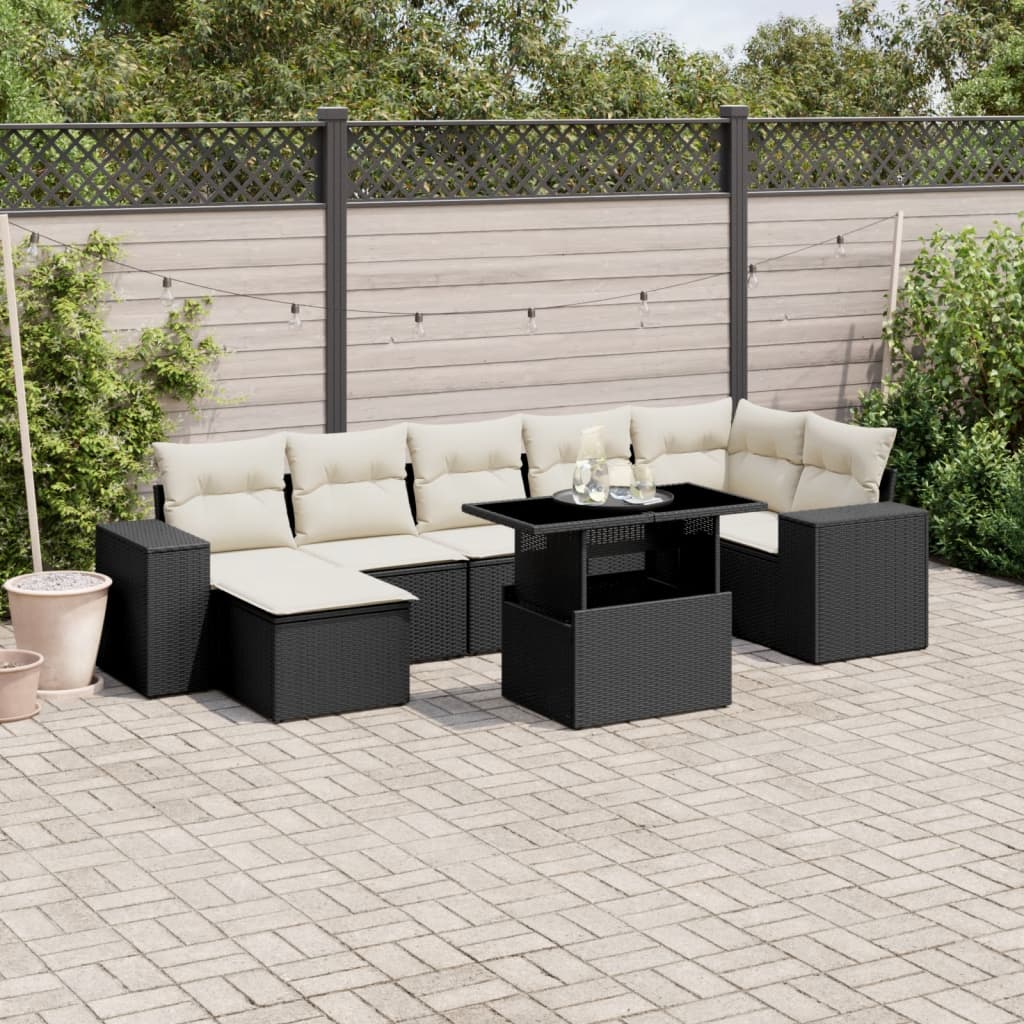 8-tlg. Garten-Sofagarnitur mit Kissen Schwarz Poly Rattan