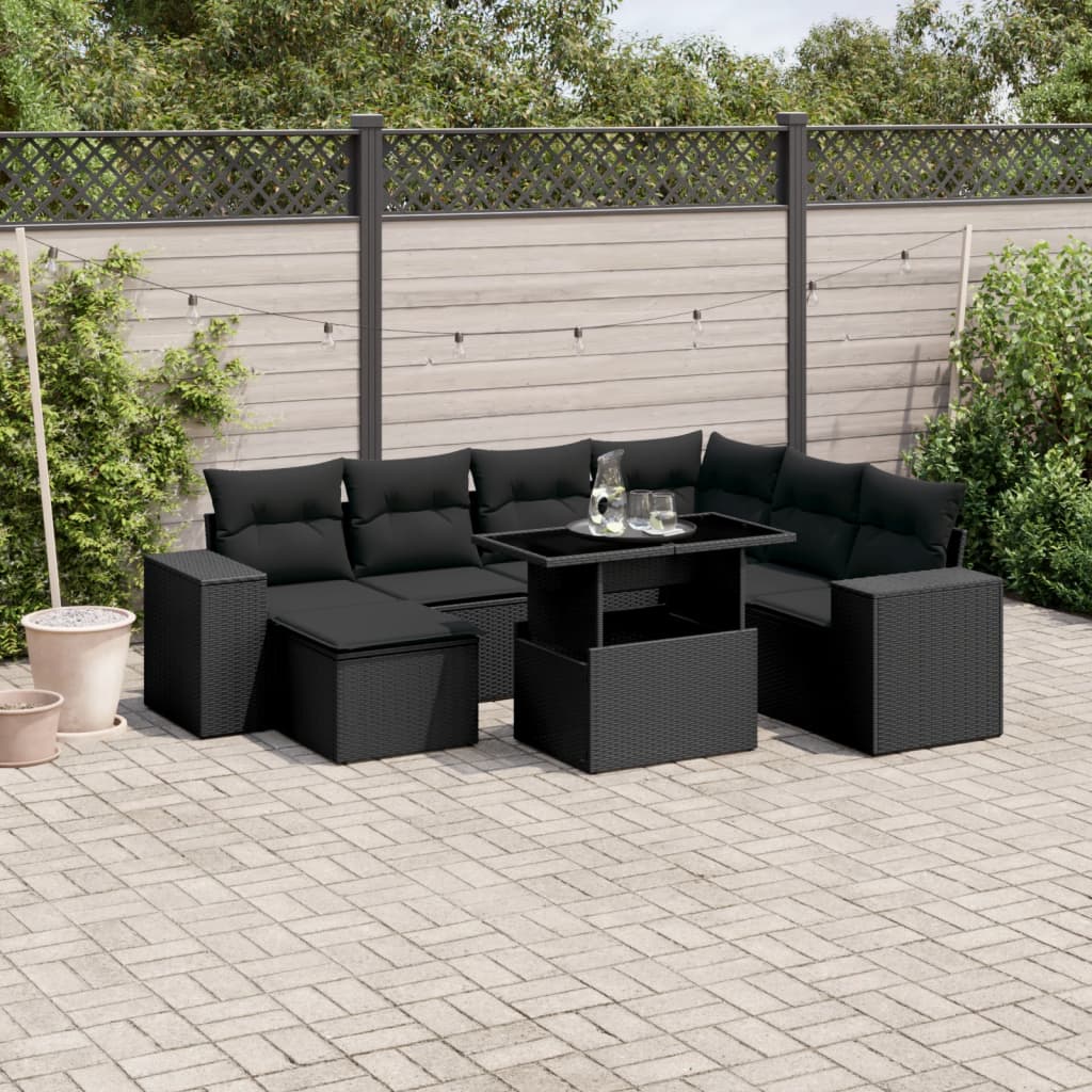 8-tlg. Garten-Sofagarnitur mit Kissen Schwarz Poly Rattan