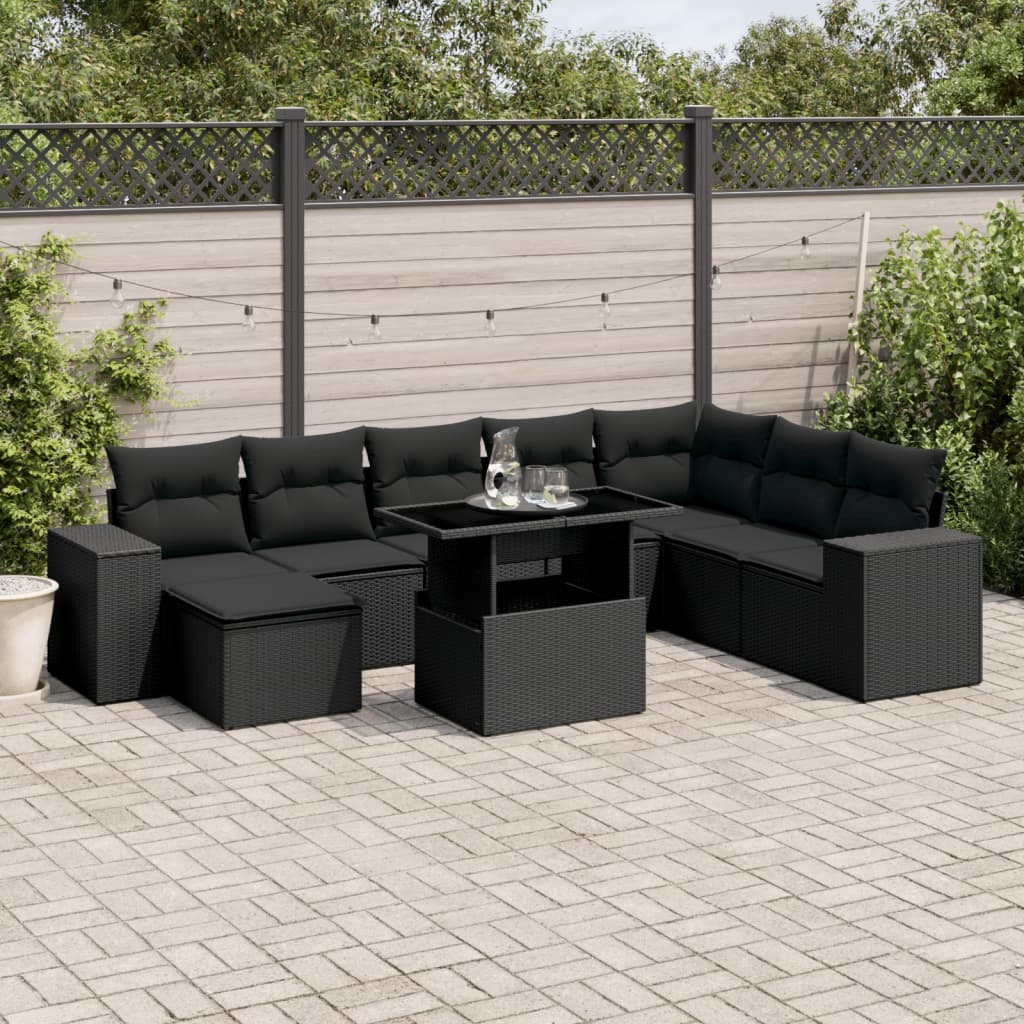 9-tlg. Garten-Sofagarnitur mit Kissen Schwarz Poly Rattan