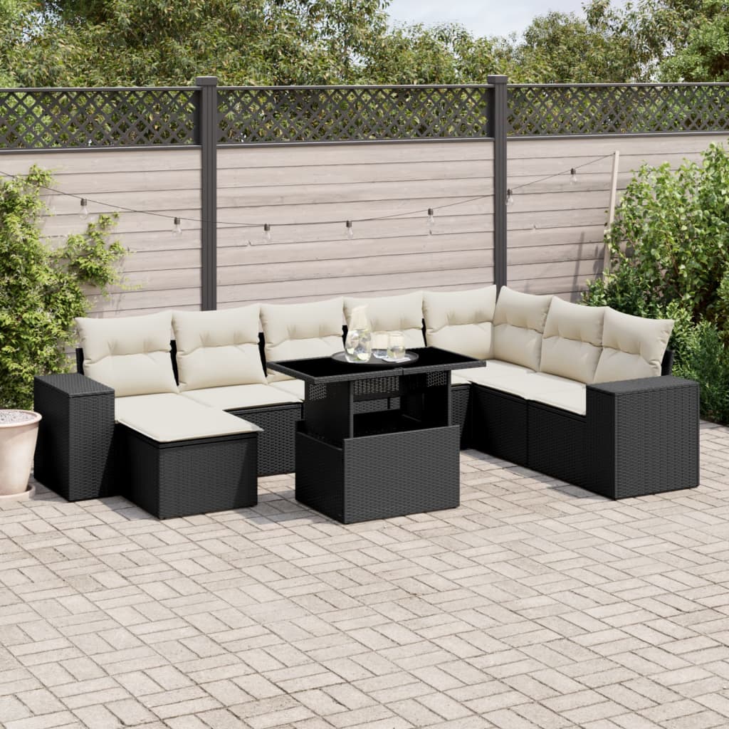 9-tlg. Garten-Sofagarnitur mit Kissen Schwarz Poly Rattan