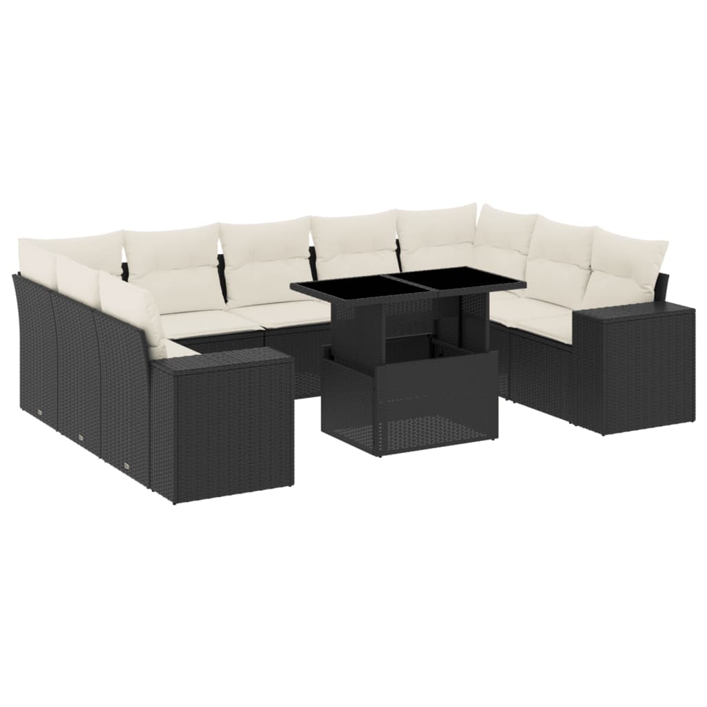 10-tlg. Garten-Sofagarnitur mit Kissen Schwarz Poly Rattan