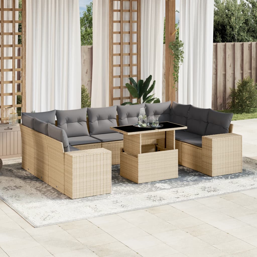 10-tlg. Garten-Sofagarnitur mit Kissen Beige Poly Rattan