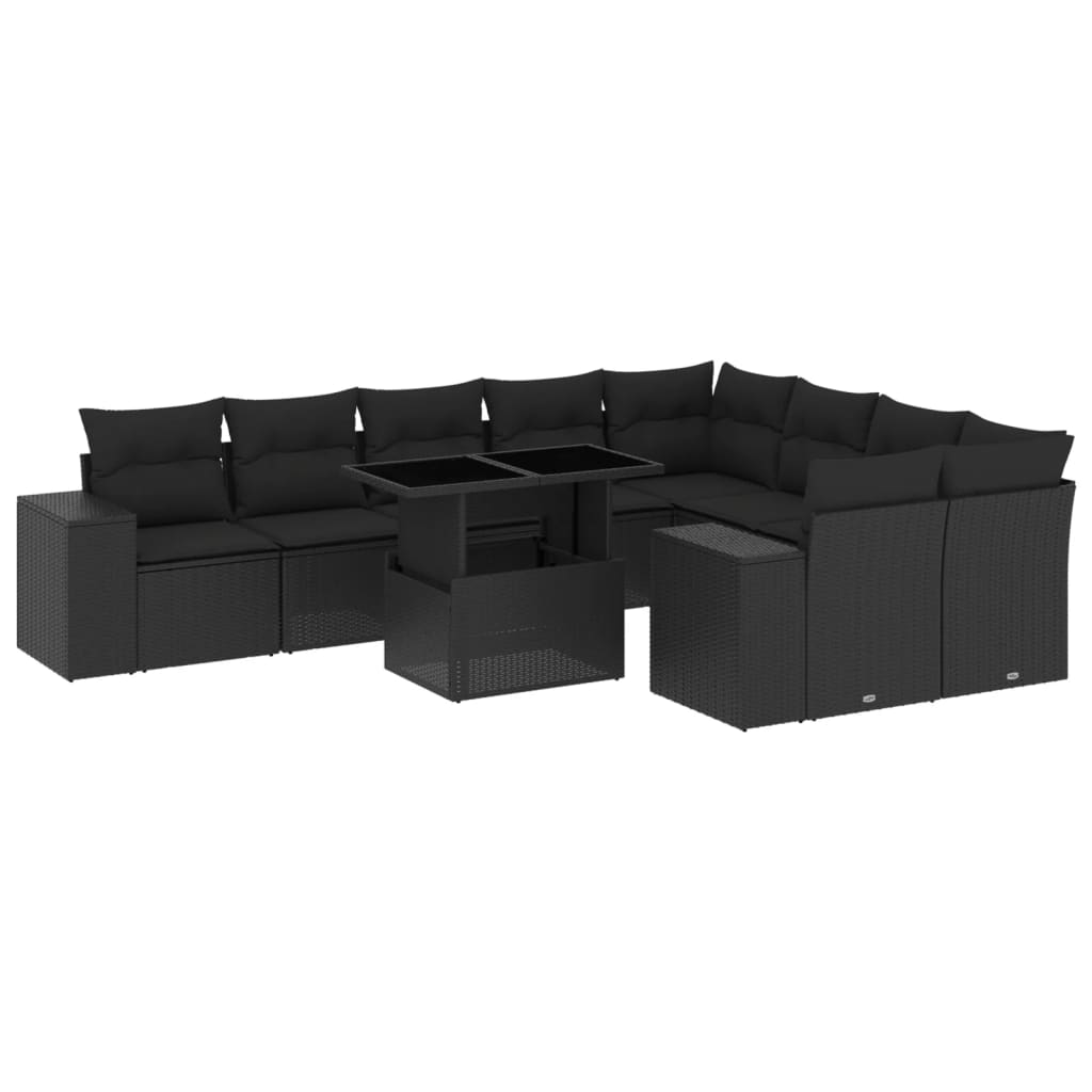 10-tlg. Garten-Sofagarnitur mit Kissen Schwarz Poly Rattan