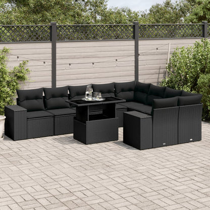 10-tlg. Garten-Sofagarnitur mit Kissen Schwarz Poly Rattan