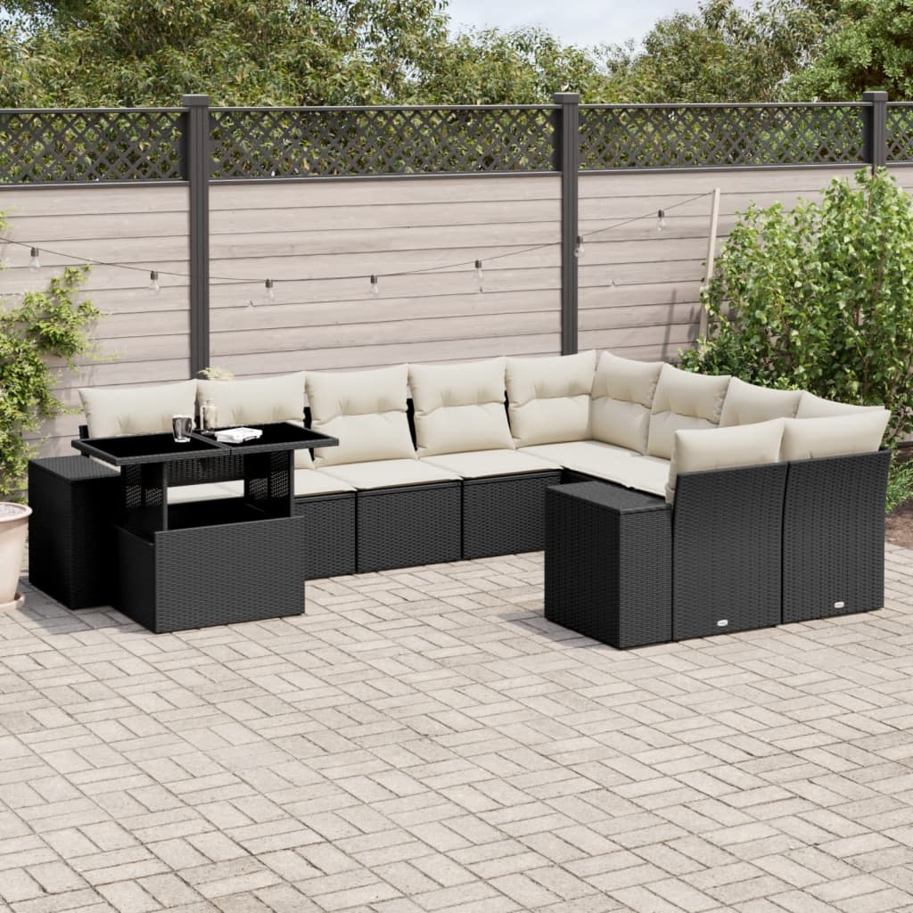 10-tlg. Garten-Sofagarnitur mit Kissen Schwarz Poly Rattan