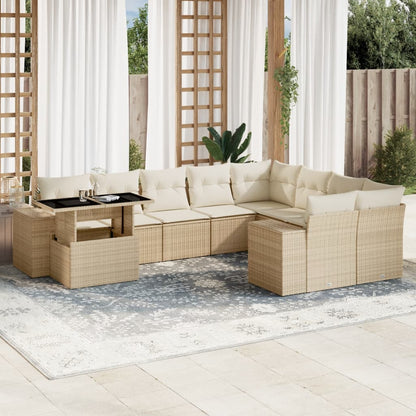 10-tlg. Garten-Sofagarnitur mit Kissen Beige Poly Rattan