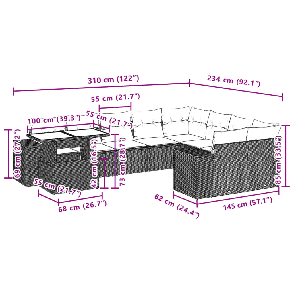 10-tlg. Garten-Sofagarnitur mit Kissen Grau Poly Rattan