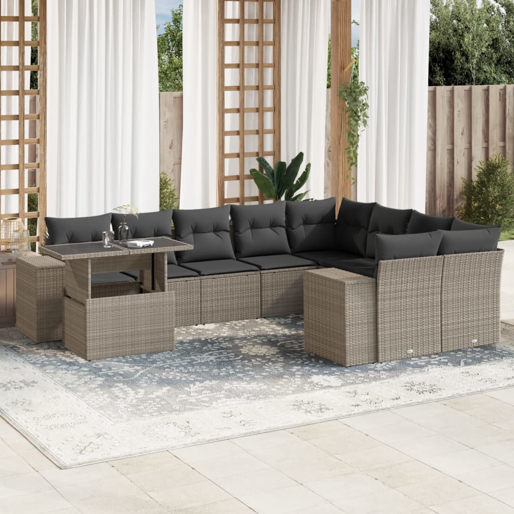 10-tlg. Garten-Sofagarnitur mit Kissen Hellgrau Poly Rattan