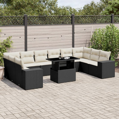 11-tlg. Garten-Sofagarnitur mit Kissen Schwarz Poly Rattan