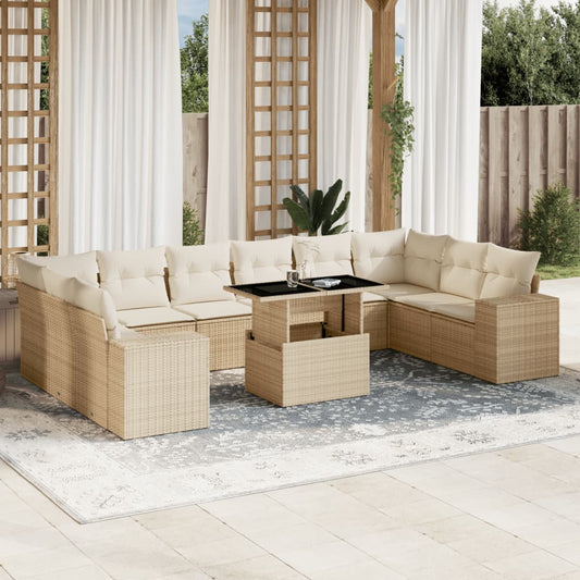 11-tlg. Garten-Sofagarnitur mit Kissen Beige Poly Rattan