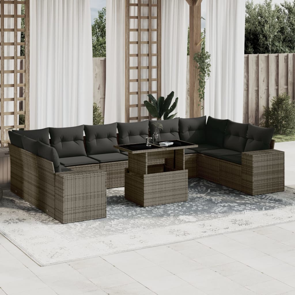 11-tlg. Garten-Sofagarnitur mit Kissen Grau Poly Rattan