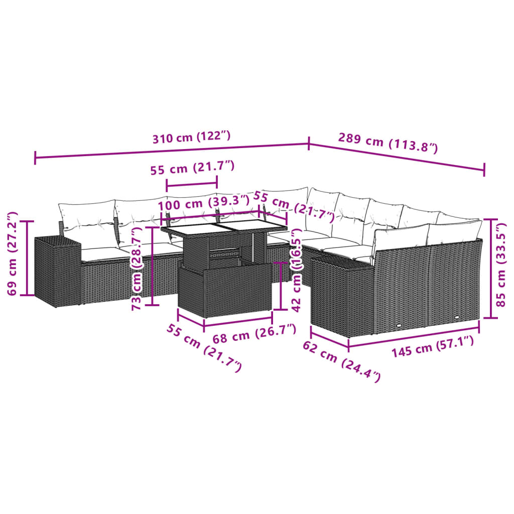 11-tlg. Garten-Sofagarnitur mit Kissen Schwarz Poly Rattan